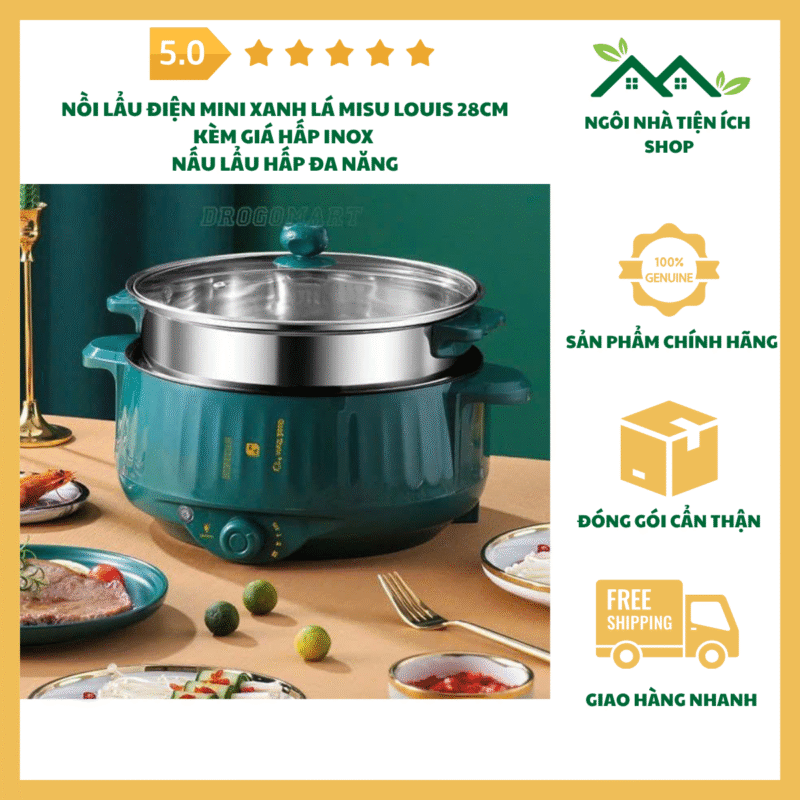 nồi lẩu điện mini xanh lá misu louis 28cm kèm giá hấp inox