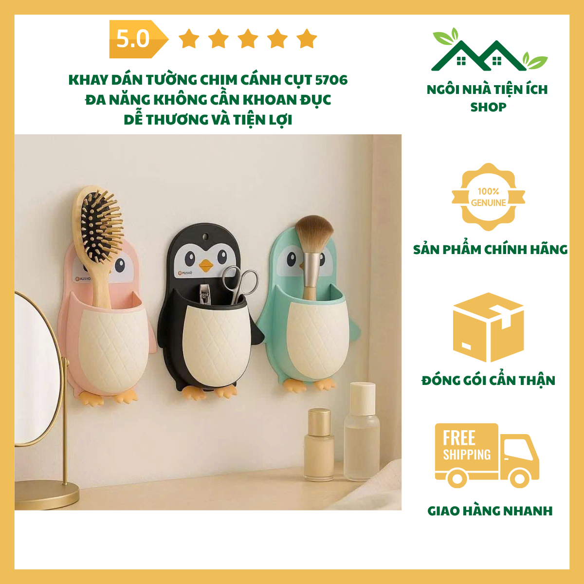 ngoinhatienich khay dán tường chim cánh cụt 5706 đa năng dễ thương