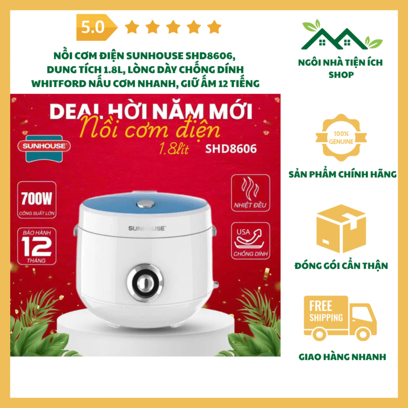 nồi cơm điện sunhouse shd8606 1.8l chống dính whitford