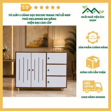 tủ giày 5 cánh sọc decor gỗ mdf phủ melamine hiện đại