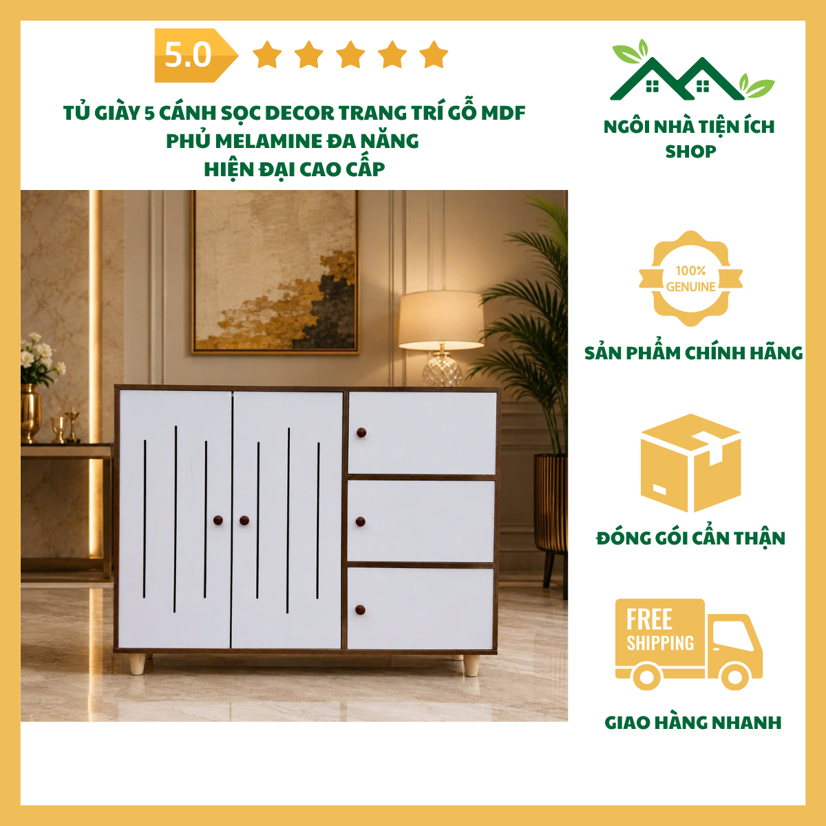 ngoinhatienich tủ giày 5 cánh sọc decor gỗ mdf phủ melamine hiện đại