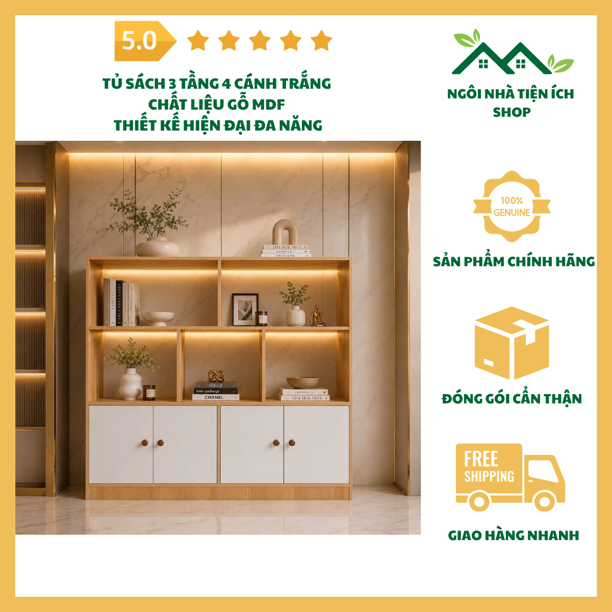 ngoinhatienich tủ sách 3 tầng 4 cánh trắng gỗ mdf hiện đại