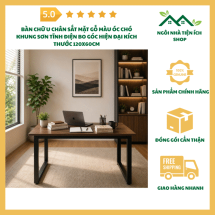 bàn chữ u chân sắt mặt gỗ óc chó 120x60 hiện đại