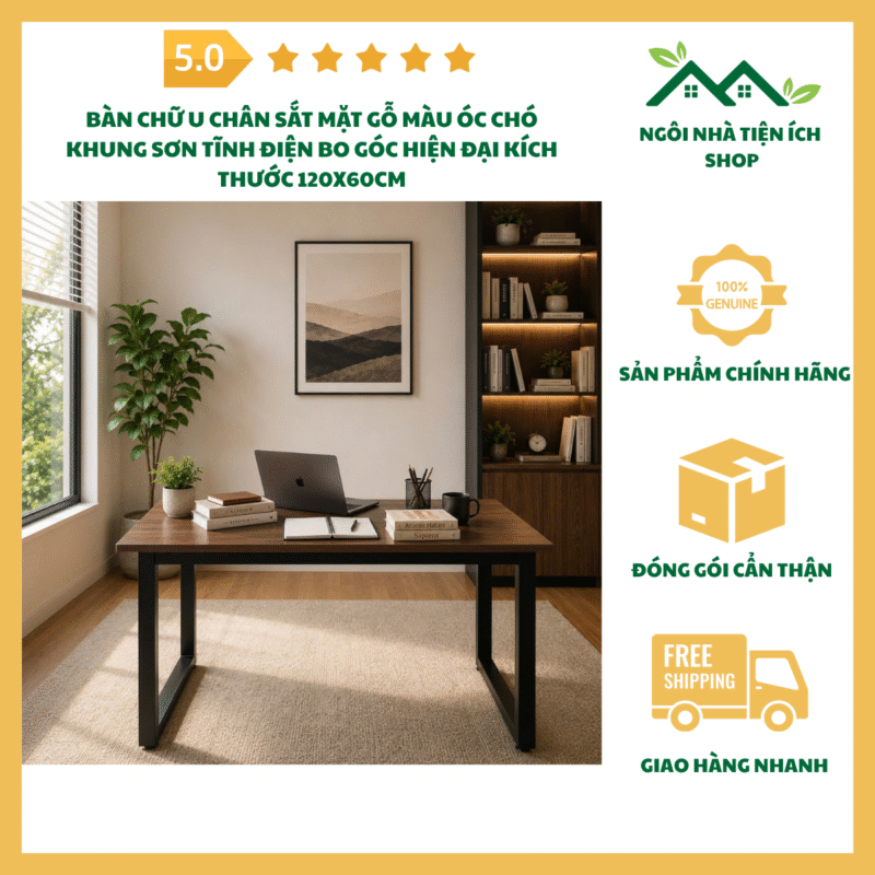 bàn chữ u chân sắt mặt gỗ óc chó 120x60 hiện đại