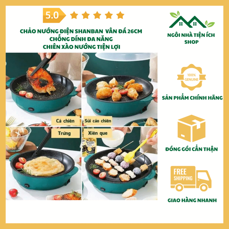 chảo nướng điện shanban xanh lá vân đá 26cm chống dính đa năng