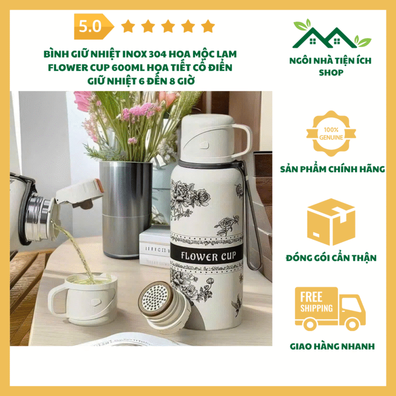 bình giữ nhiệt inox 304 hoa mộc lam flower cup 600ml cổ điển sang trọng