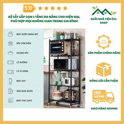 kệ sắt gấp gọn thông minh 5 tầng chịu lực có bánh xe
