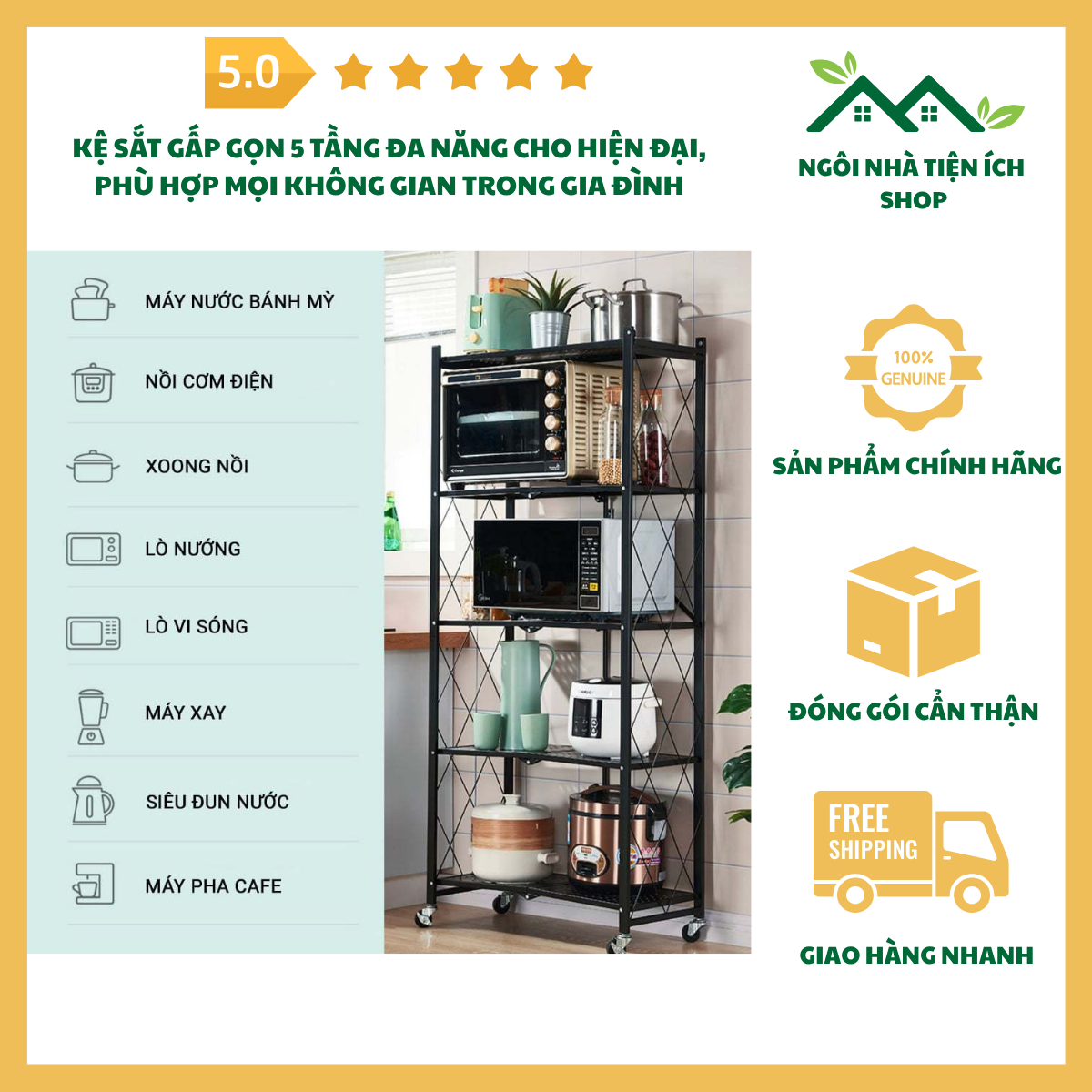 ngoinhatienich 5 tầng kệ sắt gấp gọn thông minh 5 tầng chịu lực có bánh xe