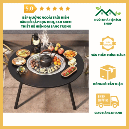 bếp nướng ngoài trời kiêm bàn gỗ gấp gọn bbq hiện đại