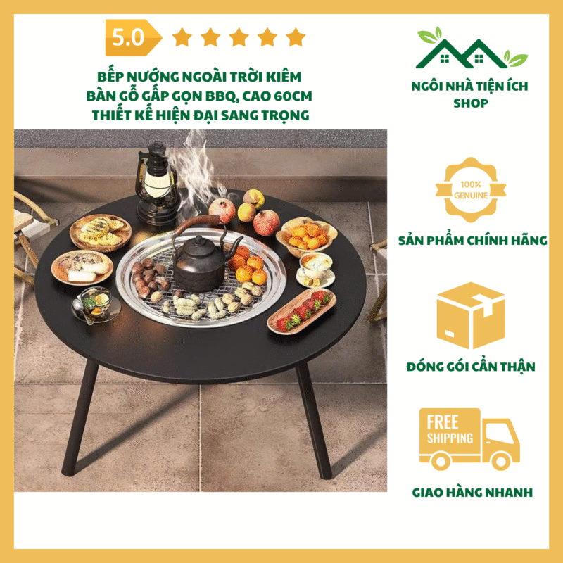 bếp nướng ngoài trời kiêm bàn gỗ gấp gọn bbq hiện đại