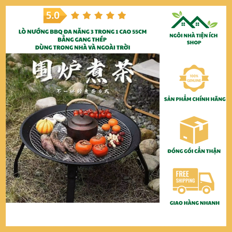 lò nướng bbq đa năng 3 trong 1 bằng gang thép cao 55cm