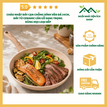 chảo nhật đáy cạn chống dính vân đá 20cm cán gỗ sang trọng