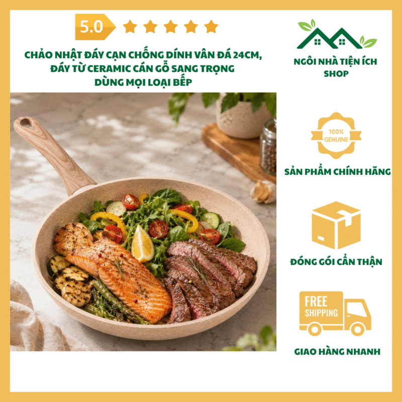 chảo nhật đáy cạn chống dính vân đá 20cm cán gỗ sang trọng