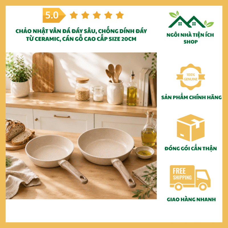 chảo nhật vân đá đáy sâu chống dính đáy từ ceramic cán gỗ cao cấp