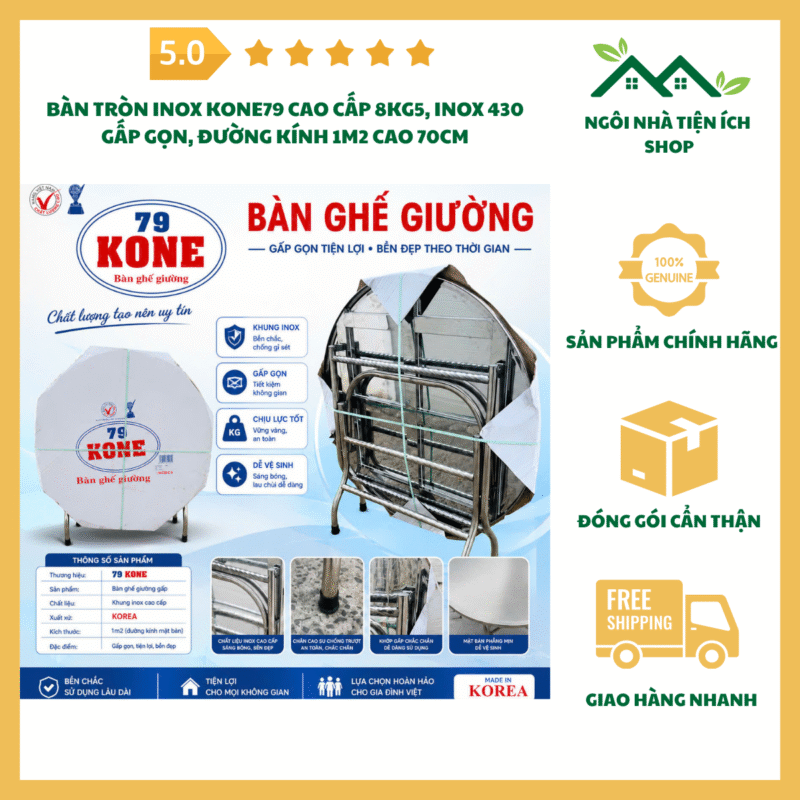 bàn tròn inox kone79 cao cấp inox 430 đường kính 1m2 gấp gọn