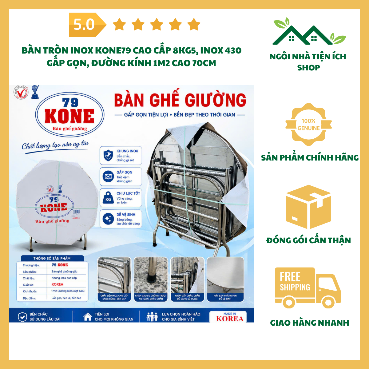 ngoinhatienich bàn tròn inox kone79 cao cấp inox 430 đường kính 1m2 gấp gọn