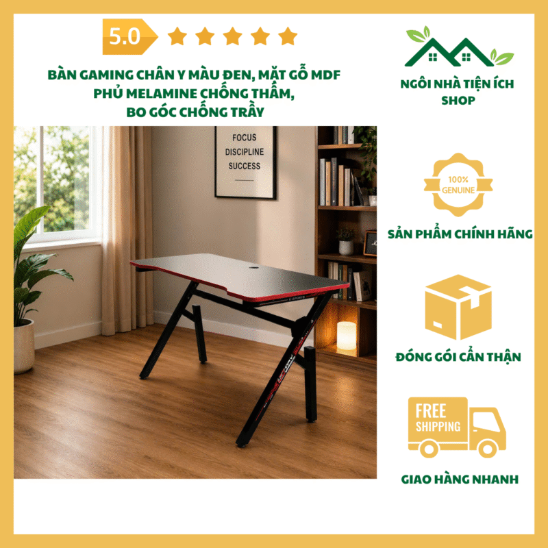 bàn gaming chân y màu đen mặt gỗ mdf phủ melamine hiện đại