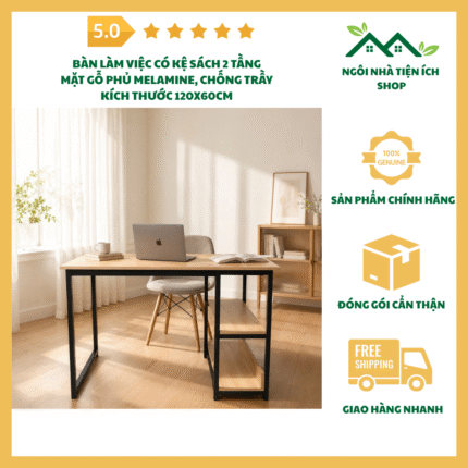 bàn làm việc có kệ sách 2 tầng mặt gỗ phủ melamine hiện đại