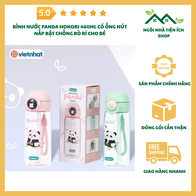 bình nước panda hokori 480ml có ống hút chống rò rỉ cho bé