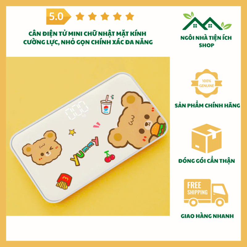 cân điện tử mini chữ nhật mặt kính cường lực nhỏ gọn đa năng