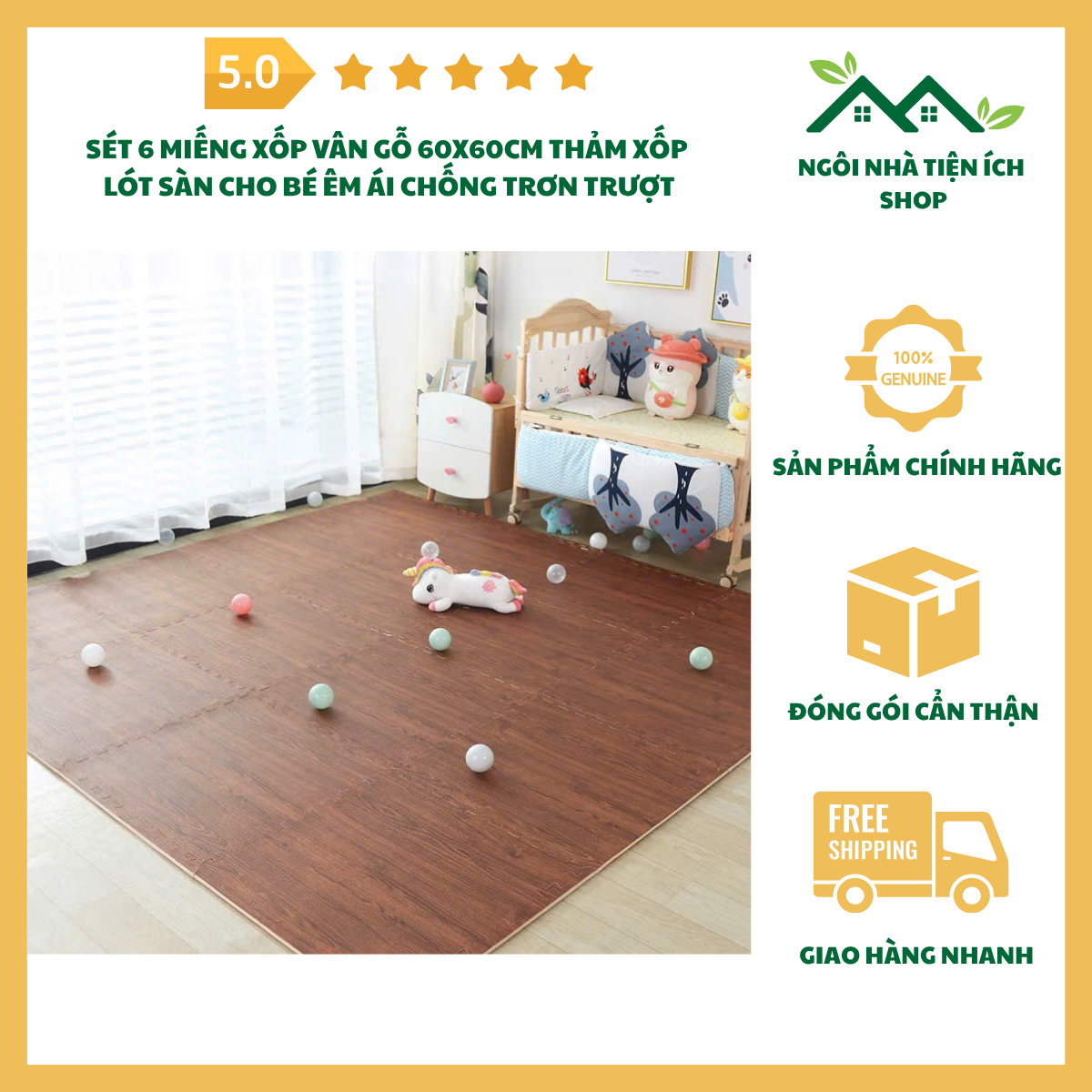 ngoinhatienich sét 6 miếng xốp vân gỗ 60x60cm thảm xốp lót sàn cho bé