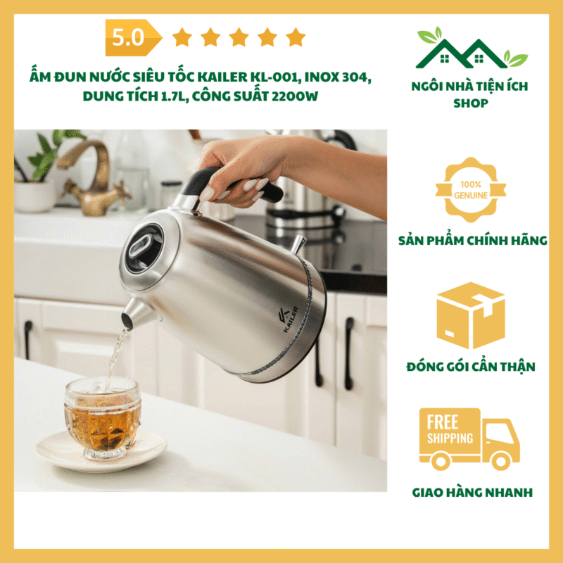 ấm đun nước siêu tốc kailer kl001 inox 304 dung tích 1.7l