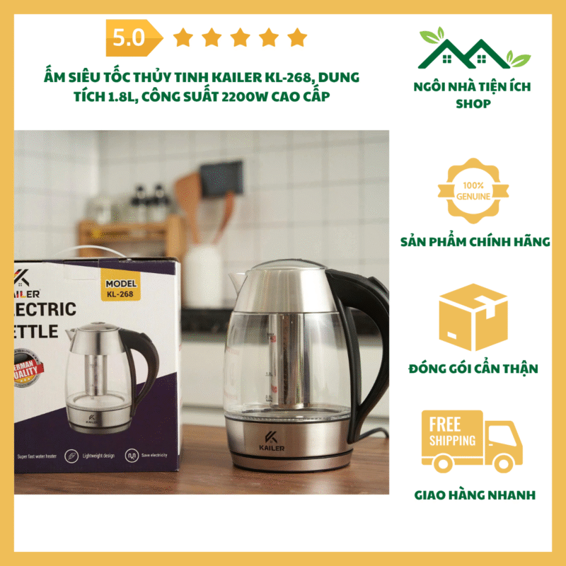 ấm siêu tốc thủy tinh kailer kl268 dung tích 1.8l cao cấp