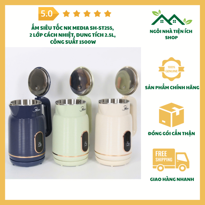 ấm siêu tốc nk media mdst255 2 lớp cách nhiệt dung tích 2.5l