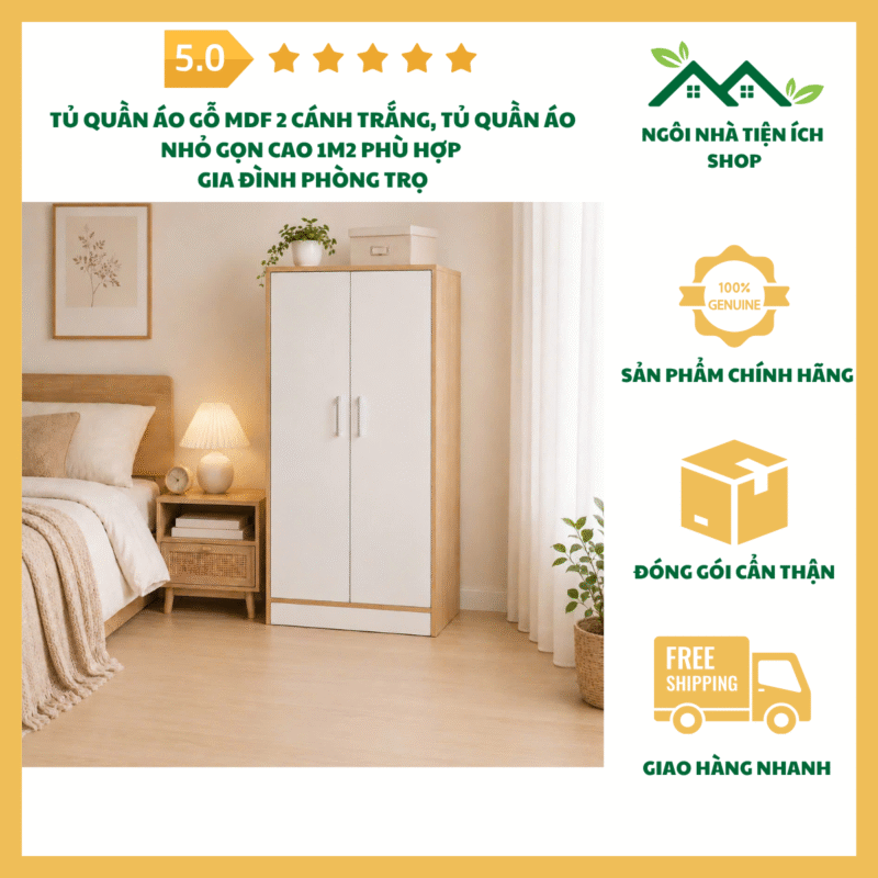 tủ quần áo gỗ mdf 2 cánh trắng nhỏ gọn phòng trọ