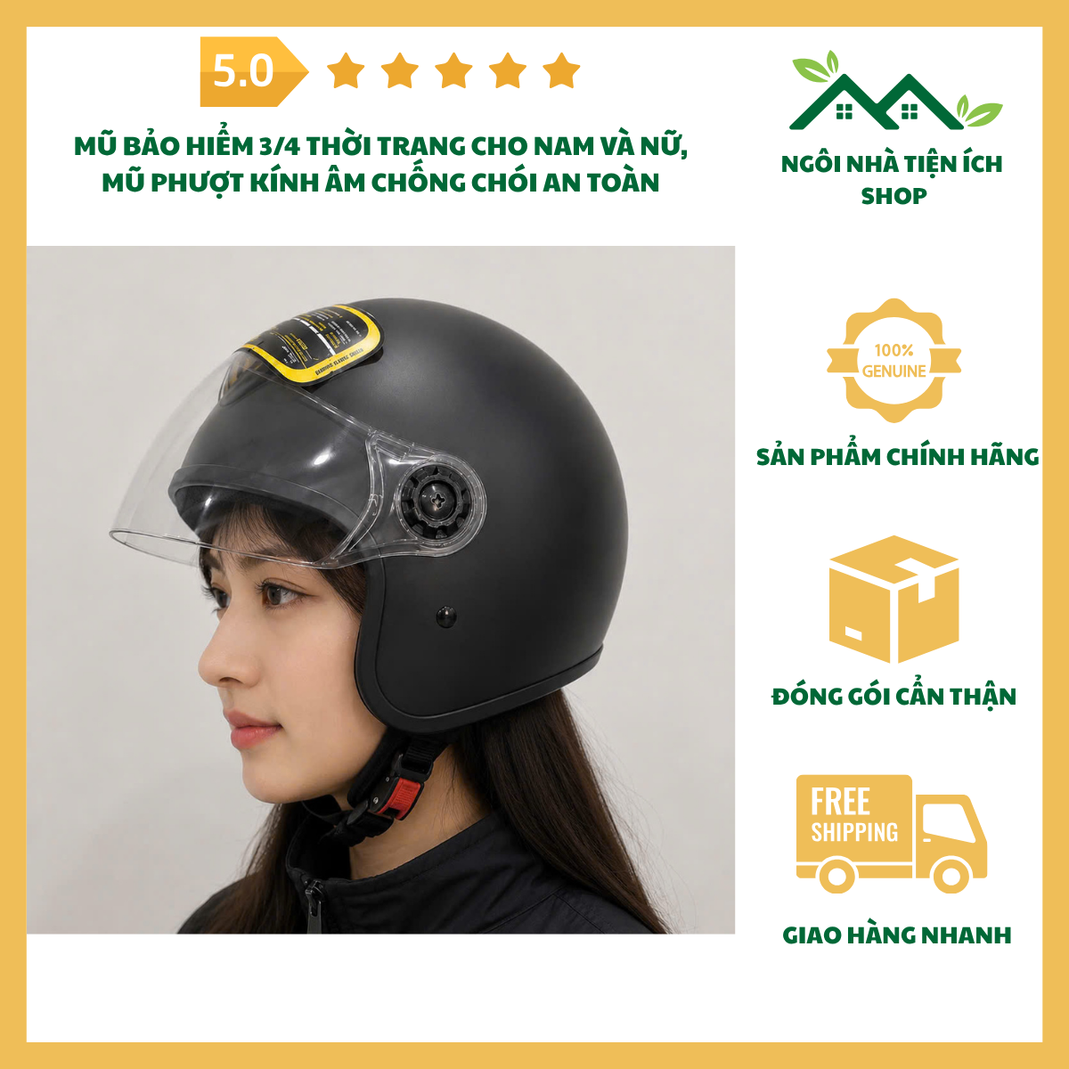ngoinhatienich mũ bảo hiểm 3/4 thời trang nam nữ kính chống chói an toàn