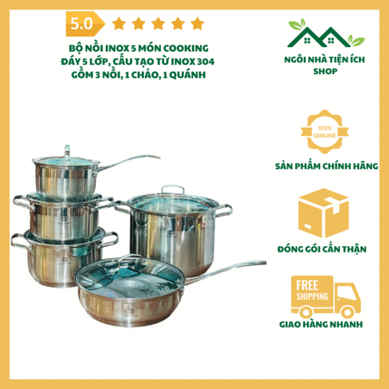 bộ nồi cooking inox 304 đáy 5 lớp cao cấp dùng bếp từ