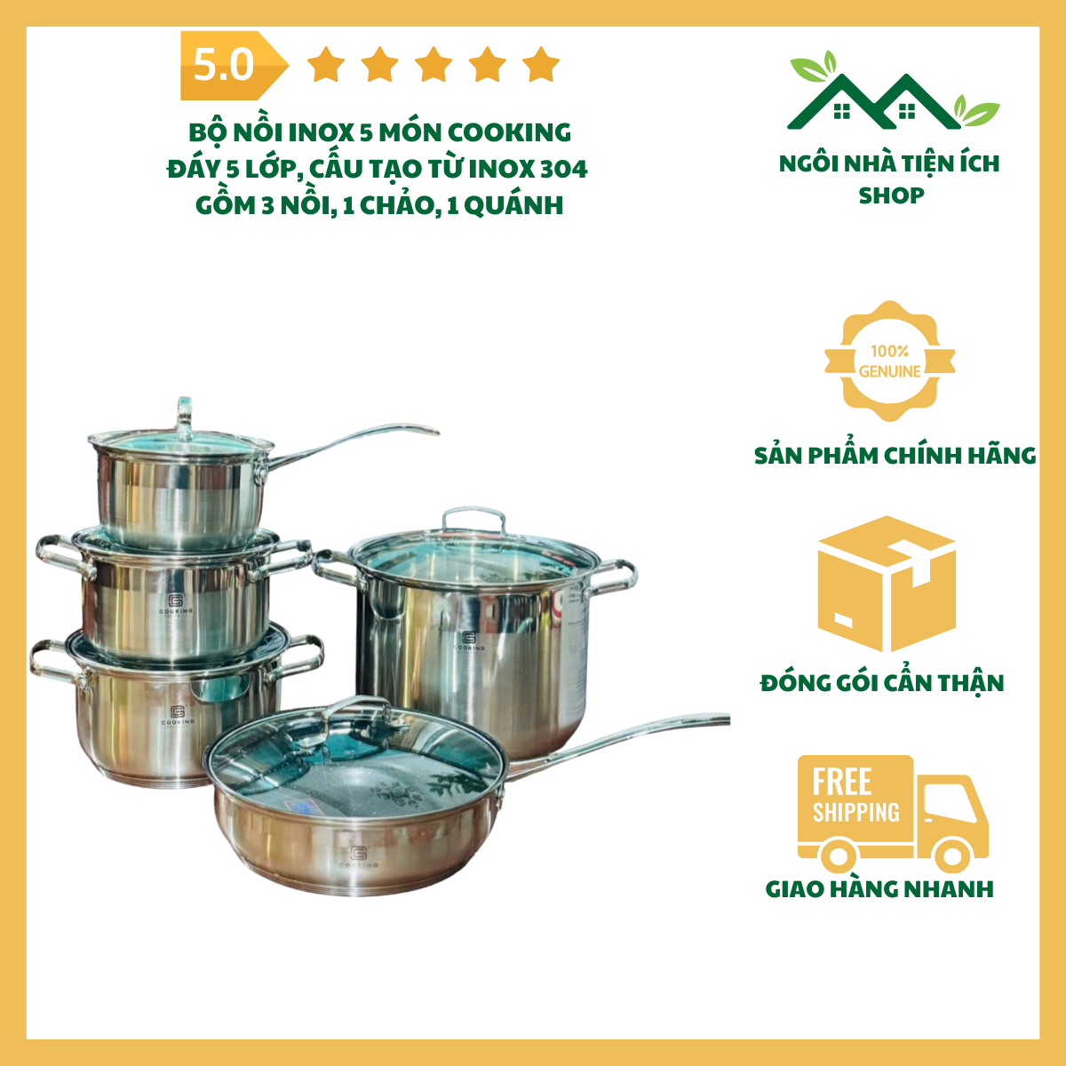sandiesmall bộ nồi cooking inox 304 đáy 5 lớp cao cấp dùng bếp từ