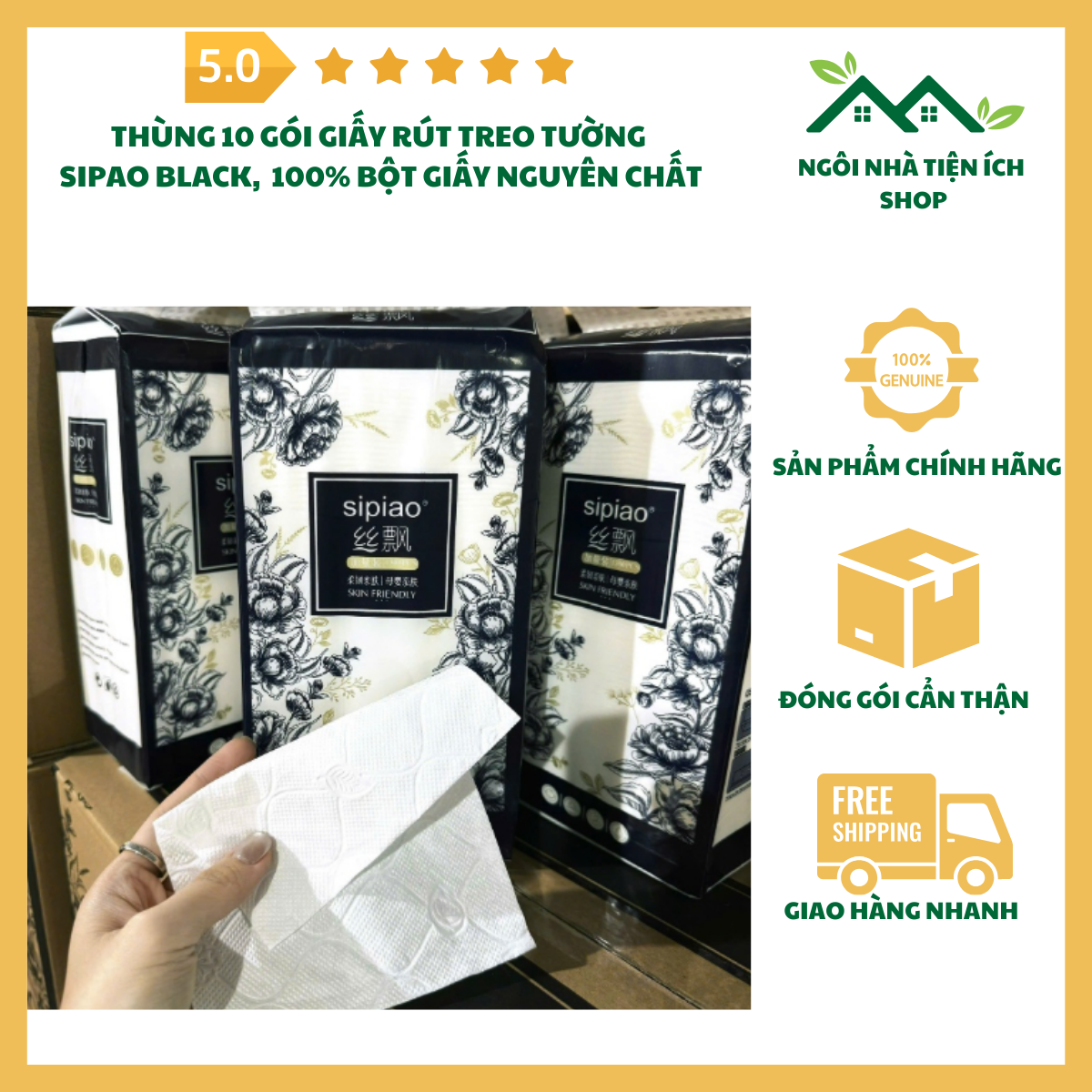 sandiesmall thùng 10 bịch khăn giấy rút sipao hoa cúc 4 lớp cao cấp