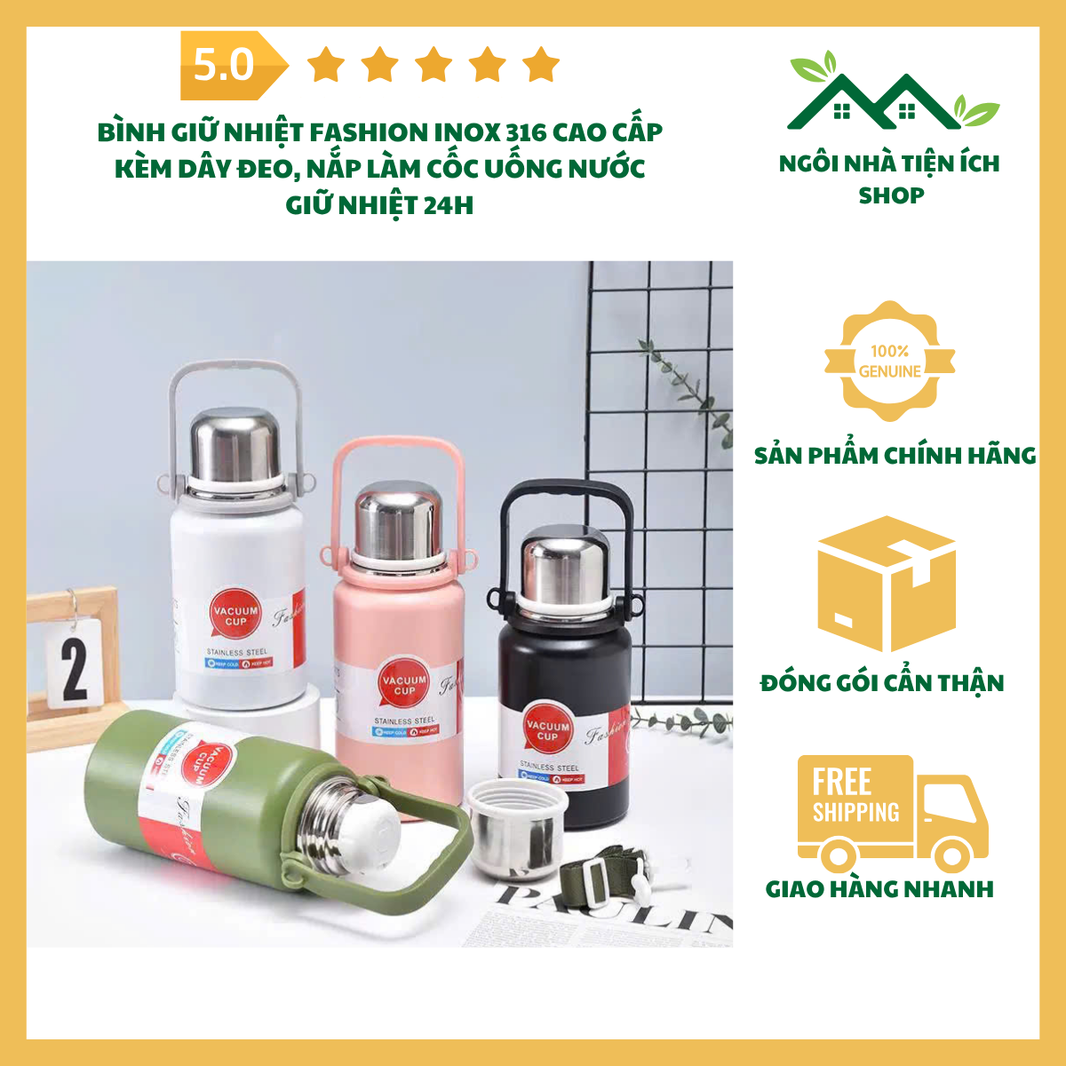 sandiesmall bình giữ nhiệt fashion inox 316 có quai xách và dây đeo dung tích 1000ml 1200ml
