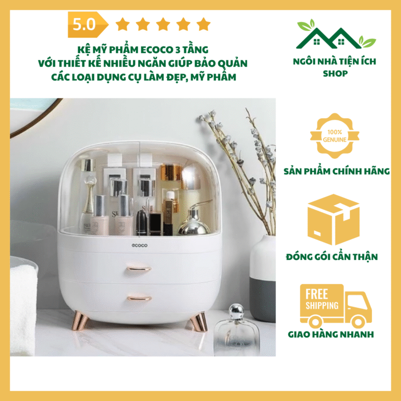 kệ mỹ phẩm ecoco 3 tầng chống bụi có nắp mở 90 độ sang trọng