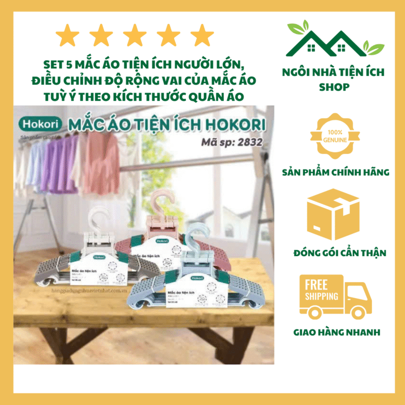 Set 10 Móc Áo Người Lớn Tiện Ích Hokori 2832 Móc Treo Quần Áo Điều Chỉnh Độ Rộng Vai Nhựa PP Cao Cấp Xoay 360 Độ Tiện Lợi