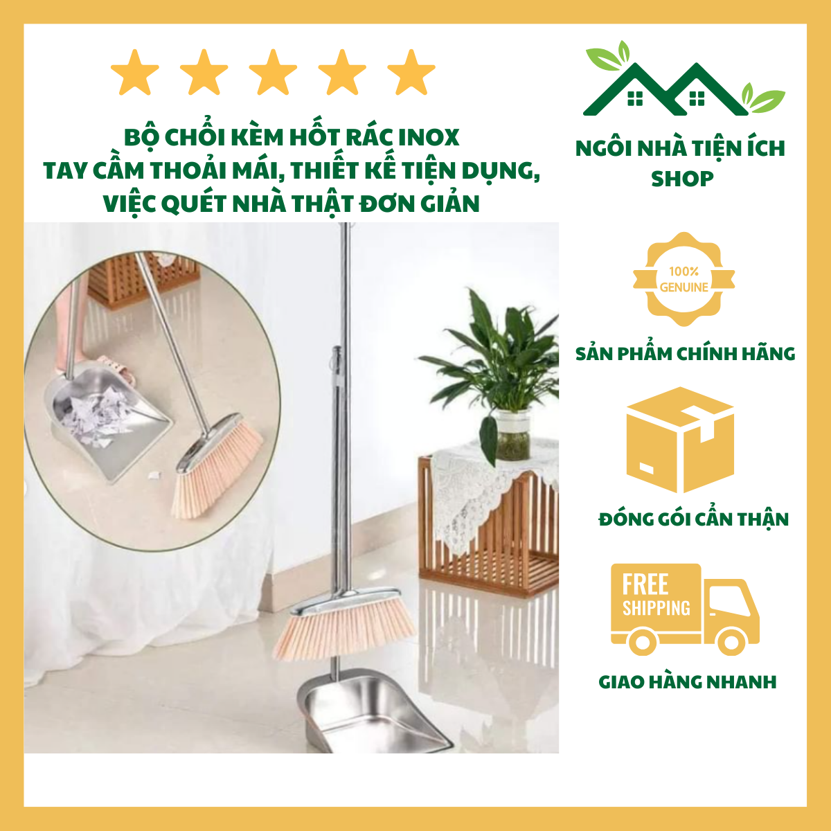 ngoi nha tien ich Bộ Chổi Xẻng Inox Việt Nhật 5846 Xẻng Kim Loại Sáng Bóng Siêu Bền Cán Dài Chống Mỏi Lưng Lông Chổi Cước Dày Quét Sạch Bụi Bẩn Hiệu Quả Cho Mọi Gia Đình