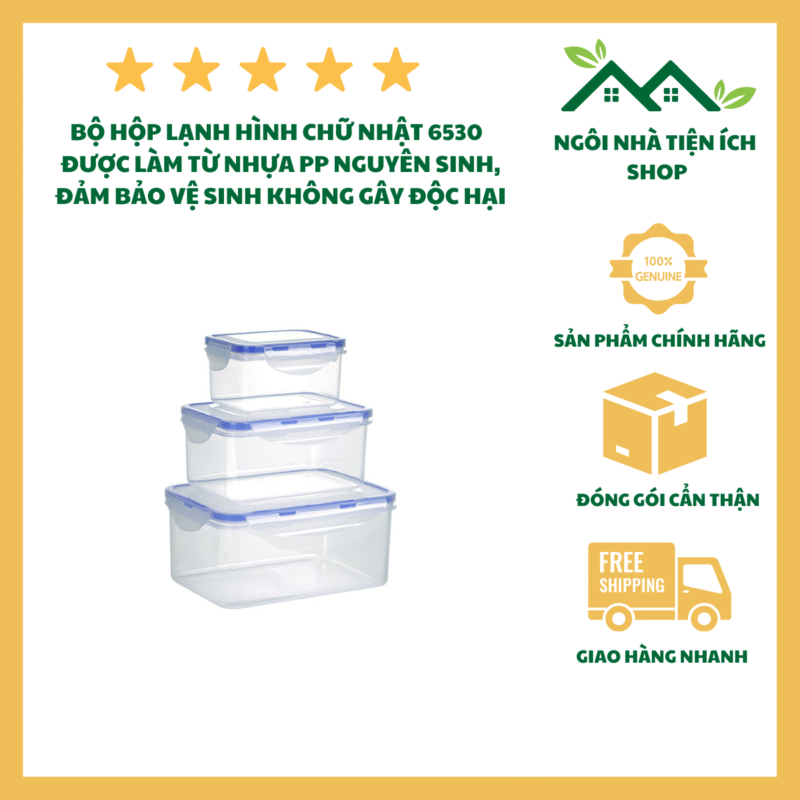 Bộ 3 Hộp Lạnh Đựng Thực Phẩm Chữ Nhật 6530-3 Nhựa PP Nguyên Sinh Cao Cấp Gioăng Silicon Kín Khí Khóa Gài 4 Cạnh Chắc Chắn Bảo Quản Thực Phẩm Tươi Ngon Lâu Hơn