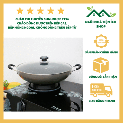 Chảo Nhôm Sâu Chống Dính Sunhouse PT34 Nắp Kính Tay Cầm Cách Nhiệt Lòng Sâu 34 Cm Dùng Chiên Xào Tiện Lợi