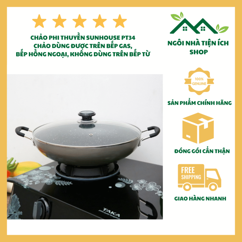 Chảo Nhôm Sâu Chống Dính Sunhouse PT34 Nắp Kính Tay Cầm Cách Nhiệt Lòng Sâu 34 Cm Dùng Chiên Xào Tiện Lợi