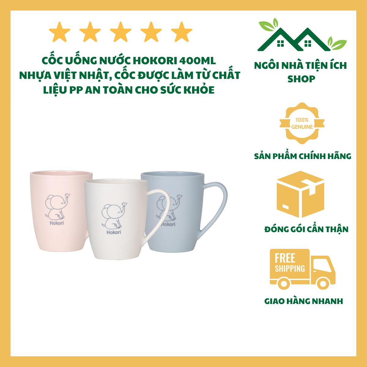 ngoi nha tien ich Cốc Hokori 400ml 6362 Chất Liệu Nhựa PP An Toàn Quai Cầm Chống Trượt Họa Tiết Chú Voi Dễ Thương Phù Hợp Uống Nước Và Trang Trí