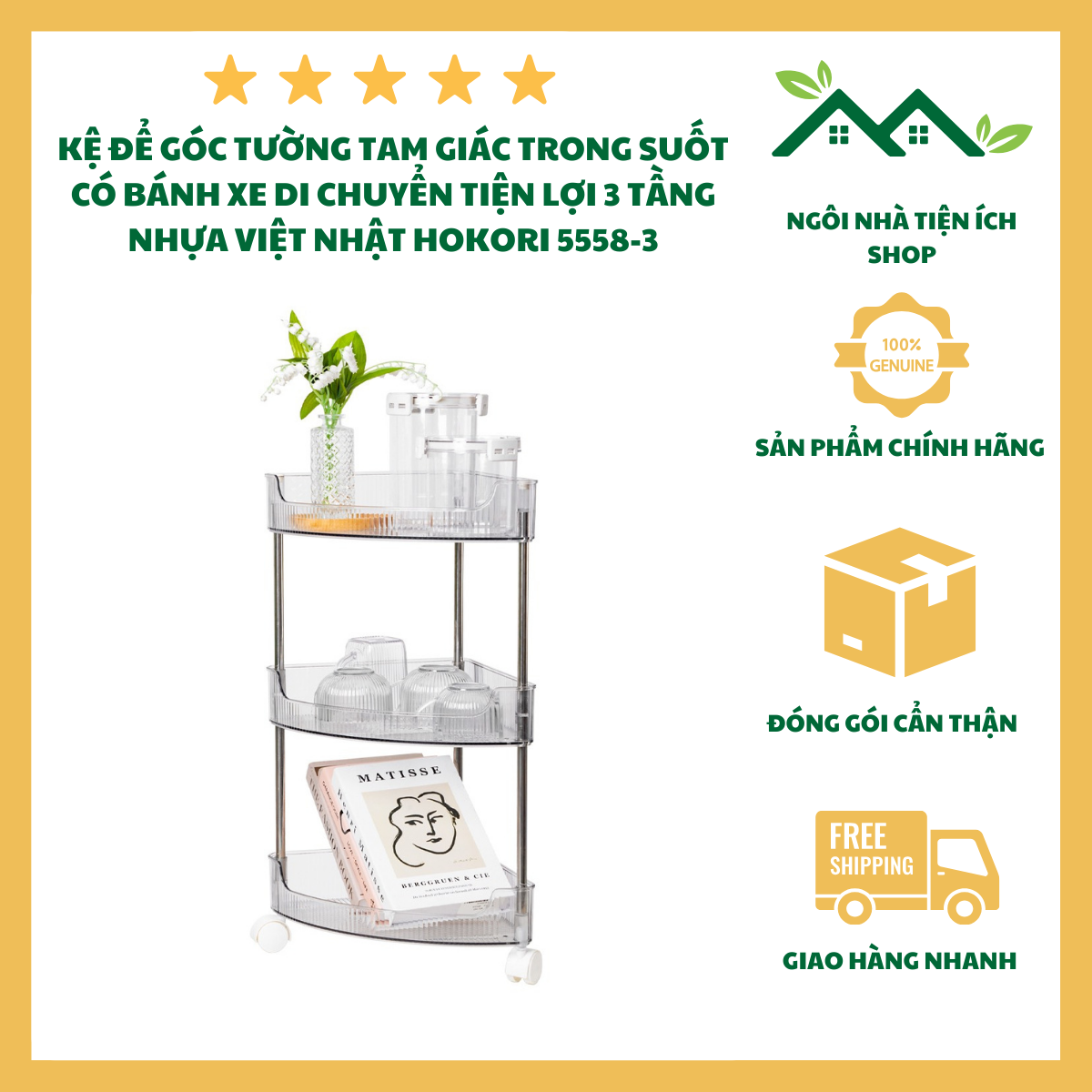 ngôi nhà tiện ích shop Kệ Tam Giác Trong 3 Tầng Hokori 5558-3 Kệ Góc Nhà Tắm Khung Inox Chống Gỉ Có Bánh Xe Di Chuyển Kệ Đựng Đồ Đa Năng Tiết Kiệm Không Gian