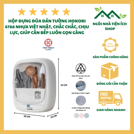 Hộp Đựng Đũa Dán Tường Hokori 6788 Thiết Kế 4 Ngăn Có Khay Hứng Nước Thừa Tiện Lợi Cho Nhà Bếp Hiện Đại