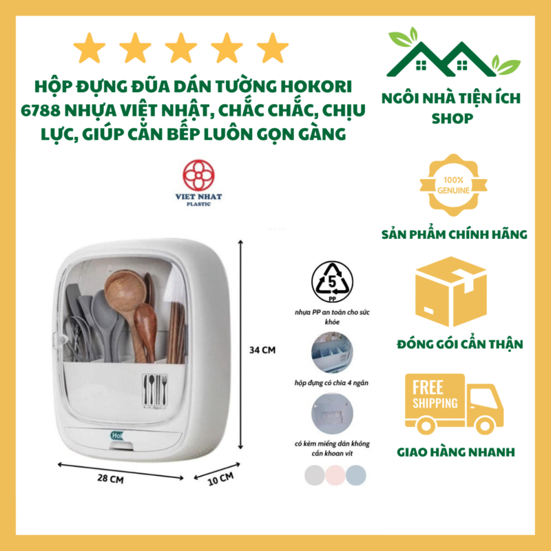 Hộp Đựng Đũa Dán Tường Hokori 6788 Thiết Kế 4 Ngăn Có Khay Hứng Nước Thừa Tiện Lợi Cho Nhà Bếp Hiện Đại