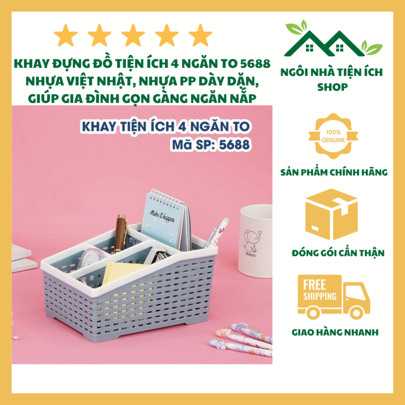 Khay Tiện Ích 4 Ngăn To 5688 Khay Đựng Văn Phòng Phẩm Đa Năng Nhựa PP Nguyên Sinh Cao Cấp Thiết Kế 4 Ngăn Rộng Rãi Họa Tiết Đan Mây Hiện Đại