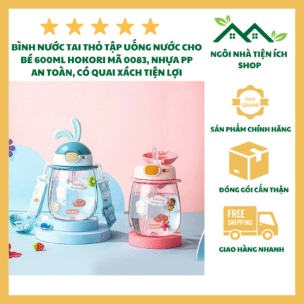 Bình Nước Tai Thỏ 600ml Hokori 0083 Bình Nước Cho Bé Có Ống Hút Silicon Mềm Khóa Chống Tràn An Toàn Thiết Kế Tai Thỏ Dễ Thương Đồng Hành Cùng Bé Mỗi Ngày