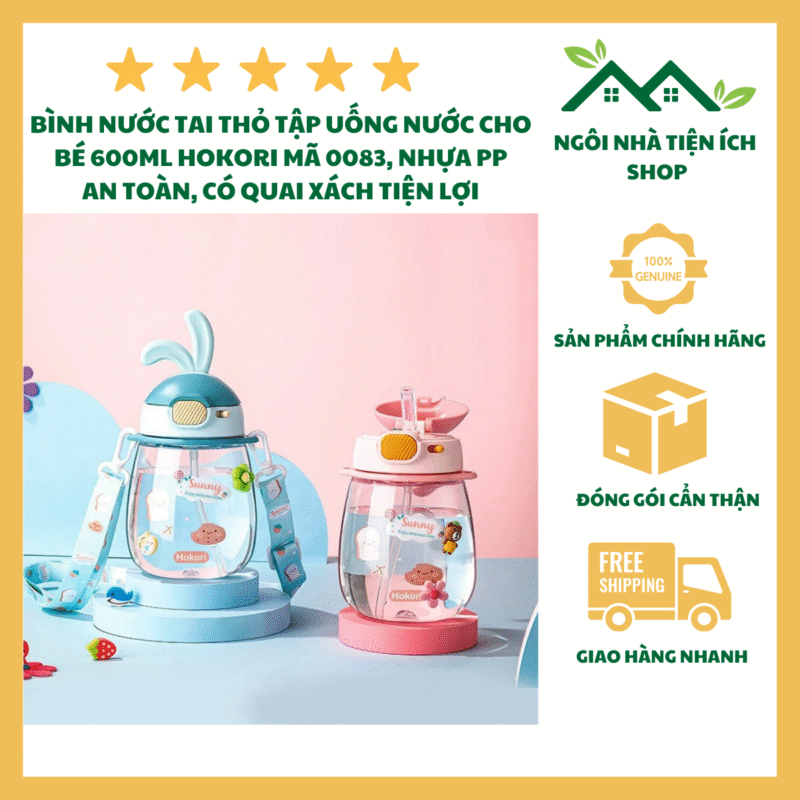 Bình Nước Tai Thỏ 600ml Hokori 0083 Bình Nước Cho Bé Có Ống Hút Silicon Mềm Khóa Chống Tràn An Toàn Thiết Kế Tai Thỏ Dễ Thương Đồng Hành Cùng Bé Mỗi Ngày