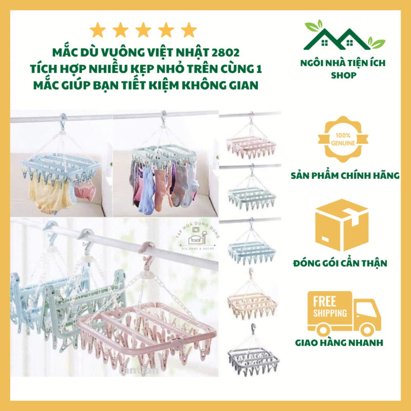 Mắc Dù Vuông 2802 Nhựa PP Nguyên Sinh 24 Kẹp Phơi Đồ Tiện Lợi Cho Gia Đình