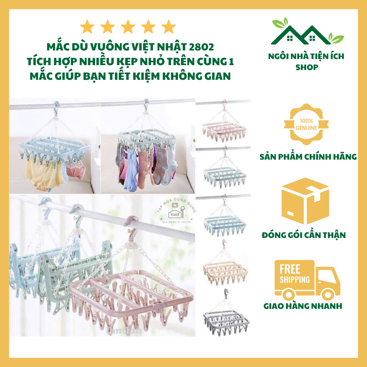 ngoinhatienich (1) Mắc Dù Vuông 2802 Nhựa PP Nguyên Sinh 24 Kẹp Phơi Đồ Tiện Lợi Cho Gia Đình