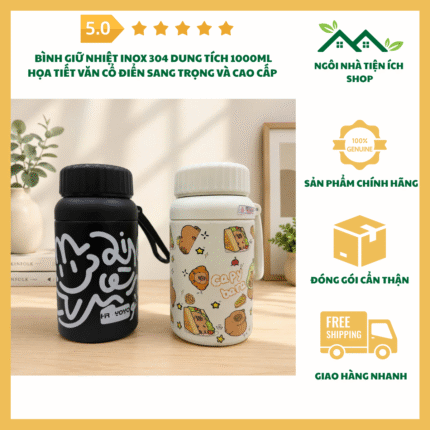 Bình Giữ Nhiệt Inox 304 Dung Tích 1000ml Họa Tiết Văn Cổ Điển Sang Trọng Giữ Nóng Giữ Lạnh 6 Đến 8 Giờ